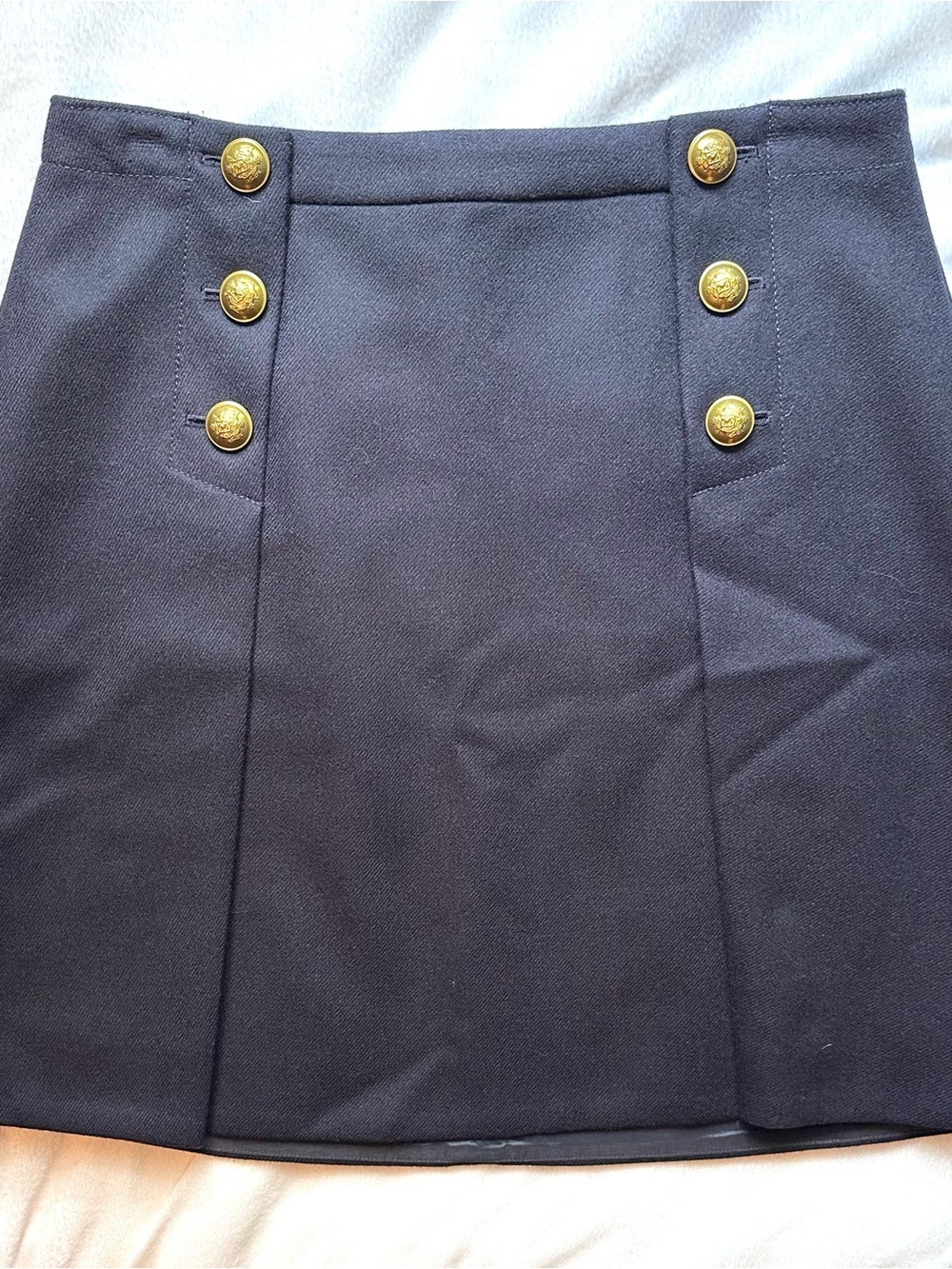 J. Crew Navy Blue 100% Wool Nautical Gold Tone Button Lined Mini Skirt 12 NWT
